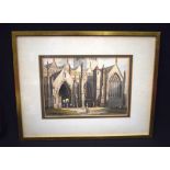 EUROPEAN SCHOOL (19th Century), framed watercolour, religious figures leaving a cathedral in a