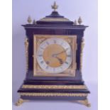 A LATE 19TH CENTURY EBONISED LENZKIRCH MANTEL CLOCK with engraved brass mounted and silvered dial.