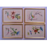 FOUR 19TH CENTURY CHINESE FRAMED PITH PAPER WATERCOLOURS painted with birds and foliage. Image 10 cm