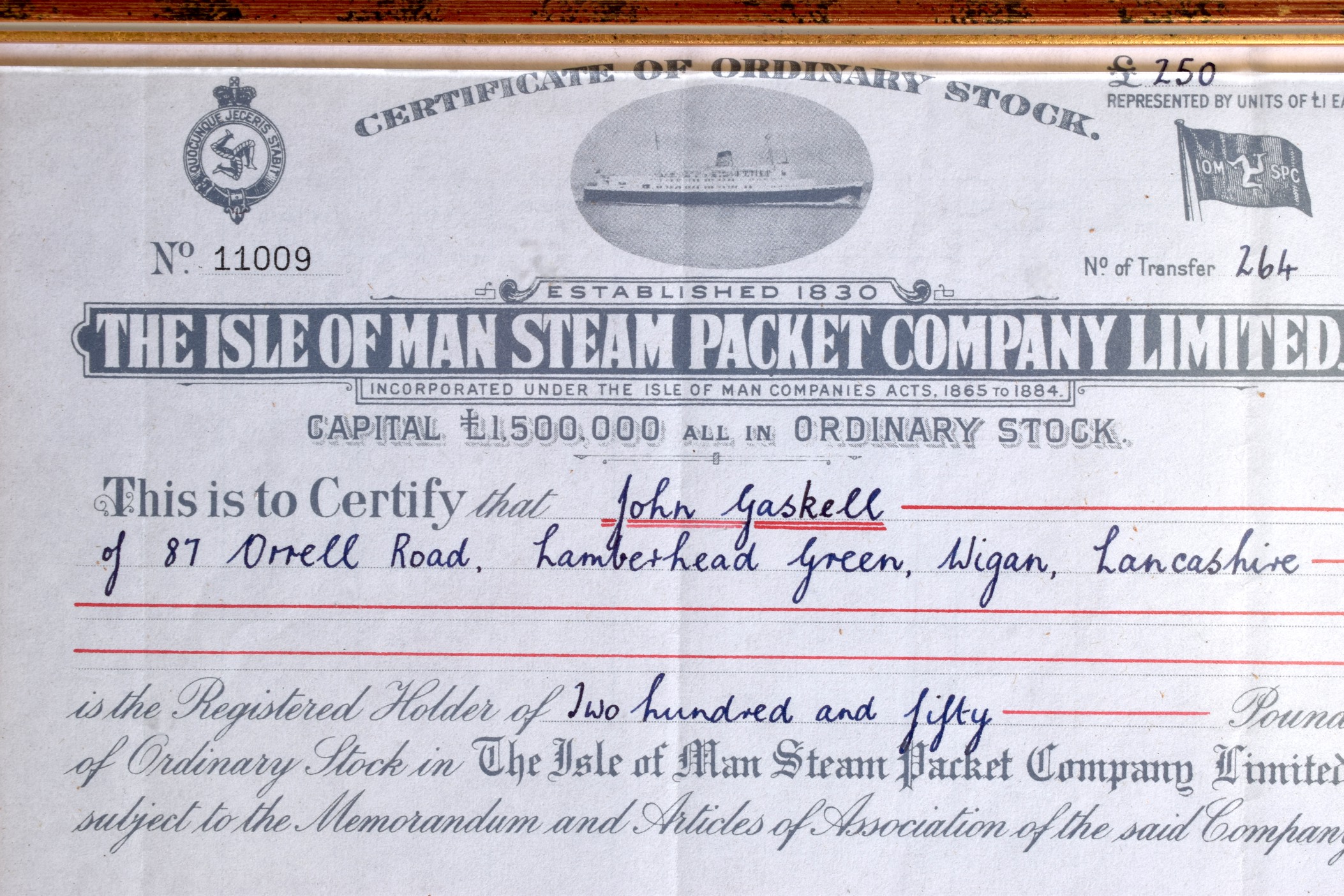 A FRAMED ISLE OF MAN STEAM PACKET COMPANY STOCK CERTIFICATE. - Image 2 of 2