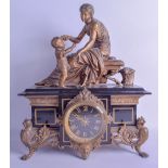 A LARGE 19TH CENTURY FRENCH SPELTER AND BLACK MARBLE MANTEL CLOCK signed E Vanlerberghe of