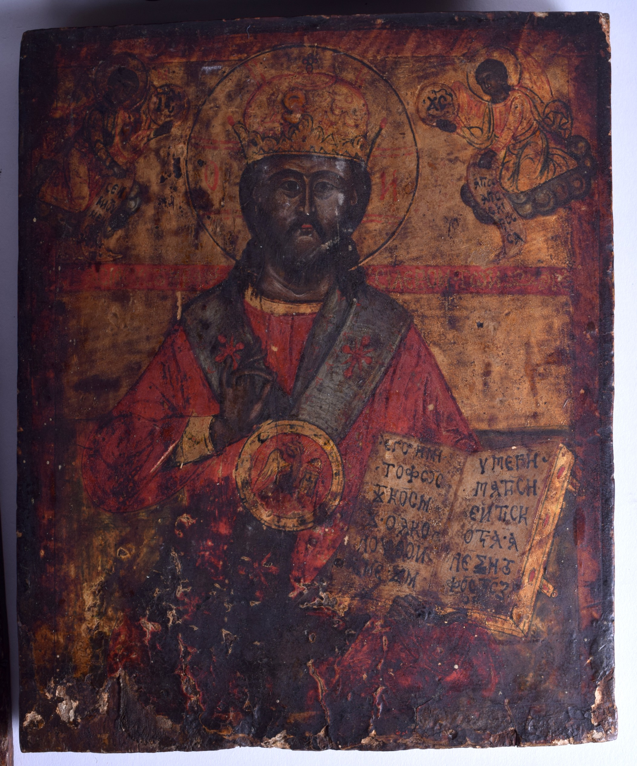 A GOOD GROUP OF FOUR 18TH/19TH CENTURY POLYCHROMED RUSSIAN ICONS painted with various scenes of - Image 5 of 6