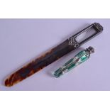 AN UNUSUAL ANTIQUE SILVER GLASS AND TORTOISESHELL PAGE TURNER together with a silver topped scent