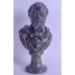 A 19TH CENTURY EUROPEAN CARVED SERPENTINE BUST OF A SCHOLAR After The Antique, modelled upon a