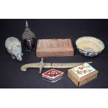 AN INDIAN CARVED WOODEN BOX, together with an enamel bowl, dagger and other Eastern items. (qty)