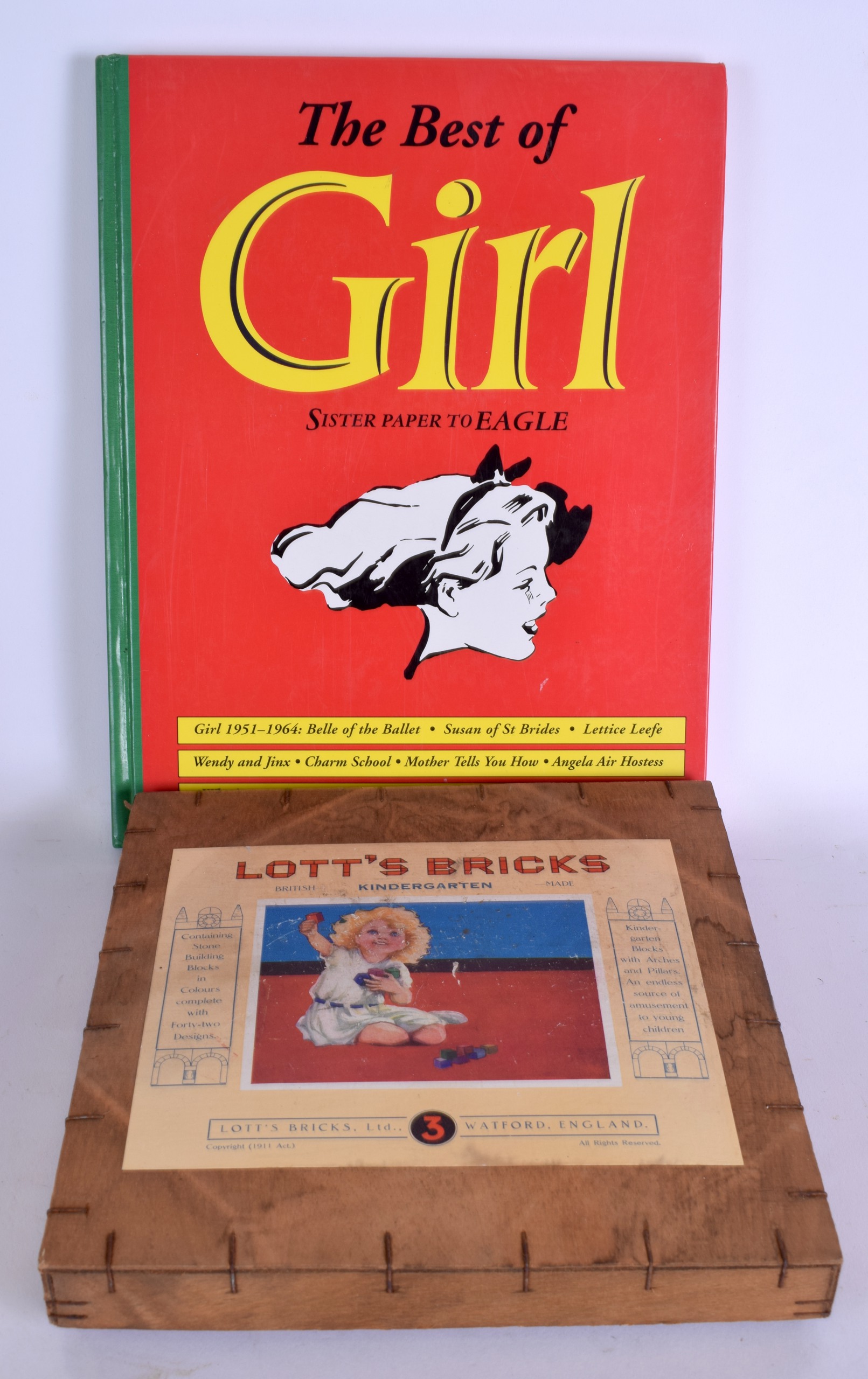 A VINTAGE LOTT'S BRICKS WOODEN BUILDING BLOCK GAME, together with a vintage "The Best of Girl"
