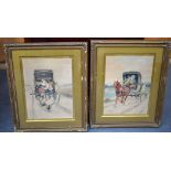 C D LORT (French), framed pair watercolours,lovers in a carriage, together with another similar.