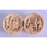 A MID 19TH CENTURY EUROPEAN CARVED DIEPPE IVORY BALL opening to reveal figures in various pursuits