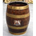 A BRASS BOUND OAK WHISKEY BARREL, with painted armorial crest. 44 cm x 33 cm.