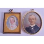 TWO LATE 19TH CENTURY EUROPEAN PAINTED IVORY PORTRAIT MINIATURES each within brass frames. Male 6 cm