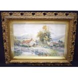 MORRIS (British), framed watercolour, houses in a river landscape, signed.