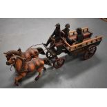 A RARE VINTAGE WOODEN HORSE DRAWN POLICE CART, with removable plaster police officers. 100 cm long.