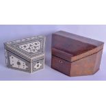 A RARE 19TH CENTURY ANGLO INDIAN CARVED IVORY STATIONARY BOX AND COVER within an antique leather