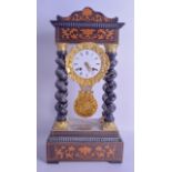 A FRENCH ROSEWOOD PORTICO CLOCK with gilt brass encased dial signed Guenee A Paris, decorated with