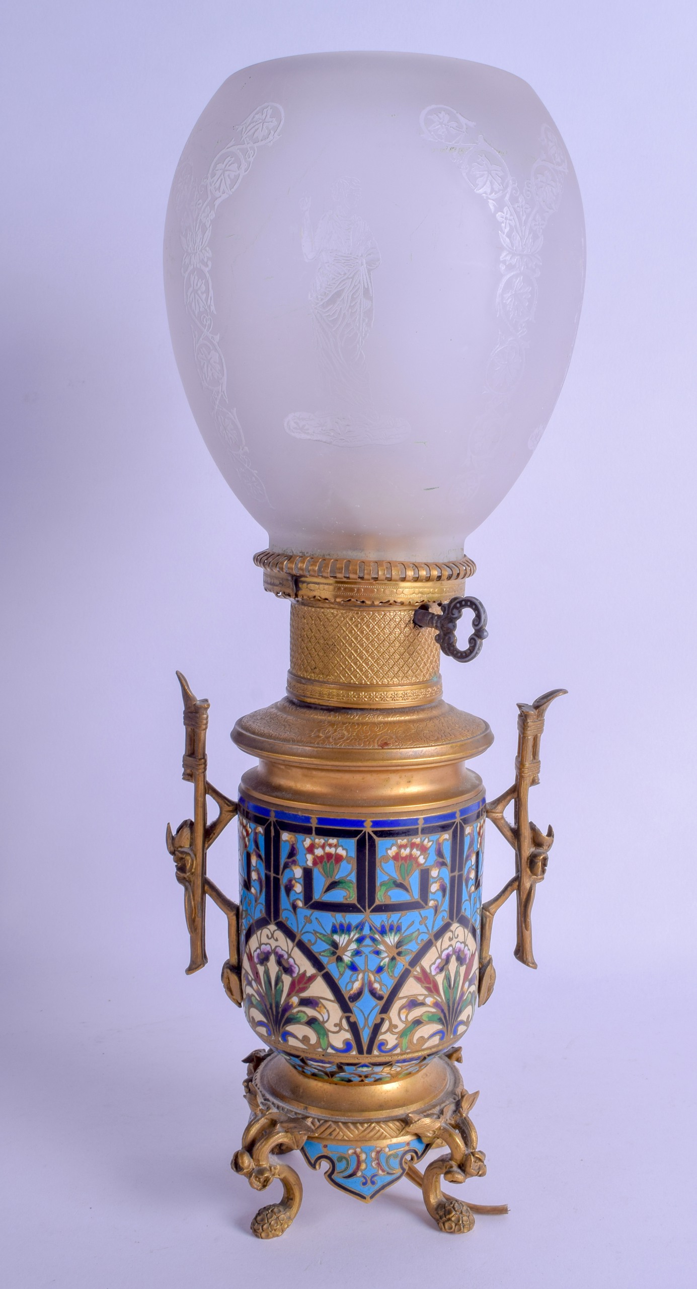 A LATE 19TH CENTURY FRENCH AESTHETIC MOVEMENT CHAMPLEVE ENAMEL LAMP in the manner of Barbedienne,