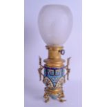 A LATE 19TH CENTURY FRENCH AESTHETIC MOVEMENT CHAMPLEVE ENAMEL LAMP in the manner of Barbedienne,