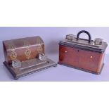 A VICTORIAN WALNUT BRASS BOUND STATIONARY CASKET together with another burr walnut travelling