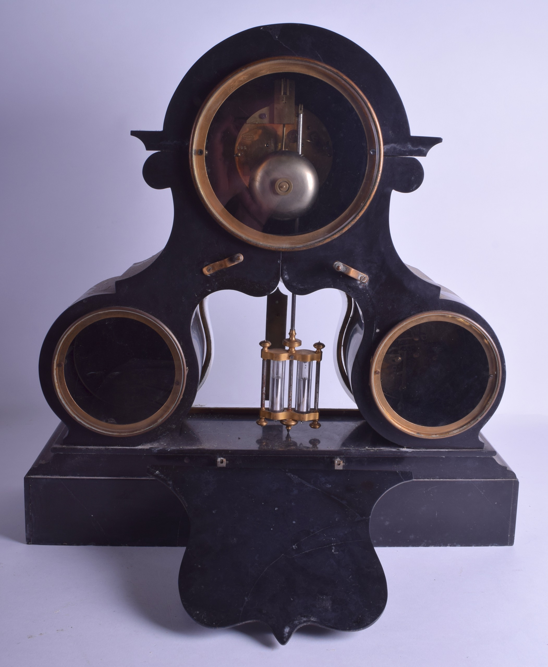 A VERY LARGE 19TH CENTURY BLACK MARBLE AND MALACHITE MANTEL CLOCK with three dials and thermometer - Bild 3 aus 3