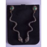 A PAIR OF 9CT GOLD DIAMOND AND EMERALD SNAKE EARRINGS.