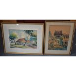 ASIAN SCHOOL (20TH CENTURY), framed watercolour depicting a house by a river, together with a