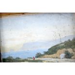 EMMA WOOLEY (1827-1882), framed watercolour, signed, a figure in a costal landscape. 23 cm x 31 cm.