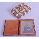 A 19TH CENTURY ANGLO INDIAN IVORY AND SANDALWOOD CARD CASE together with a Victorian cased