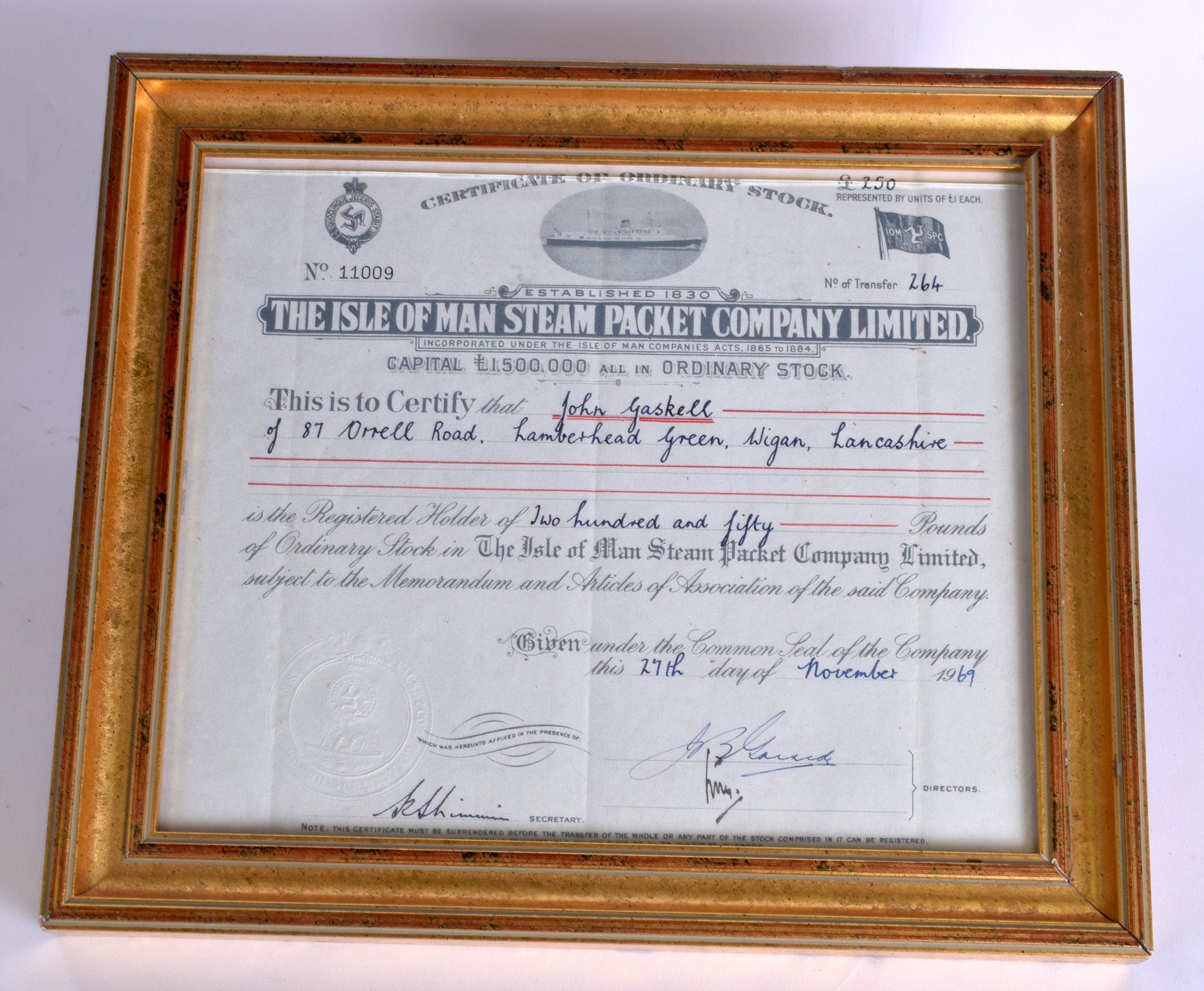 A FRAMED ISLE OF MAN STEAM PACKET COMPANY STOCK CERTIFICATE.