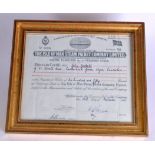 A FRAMED ISLE OF MAN STEAM PACKET COMPANY STOCK CERTIFICATE.