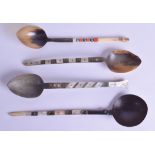 A GOOD SET OF FOUR 19TH CENTURY MIDDLE EASTERN OTTOMAN SHERBERT SPOONS one inset with coral and