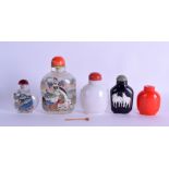A GROUP OF FIVE CHINESE SNUFF BOTTLES AND STOPPERS in various forms and sizes. Largest 10 cm