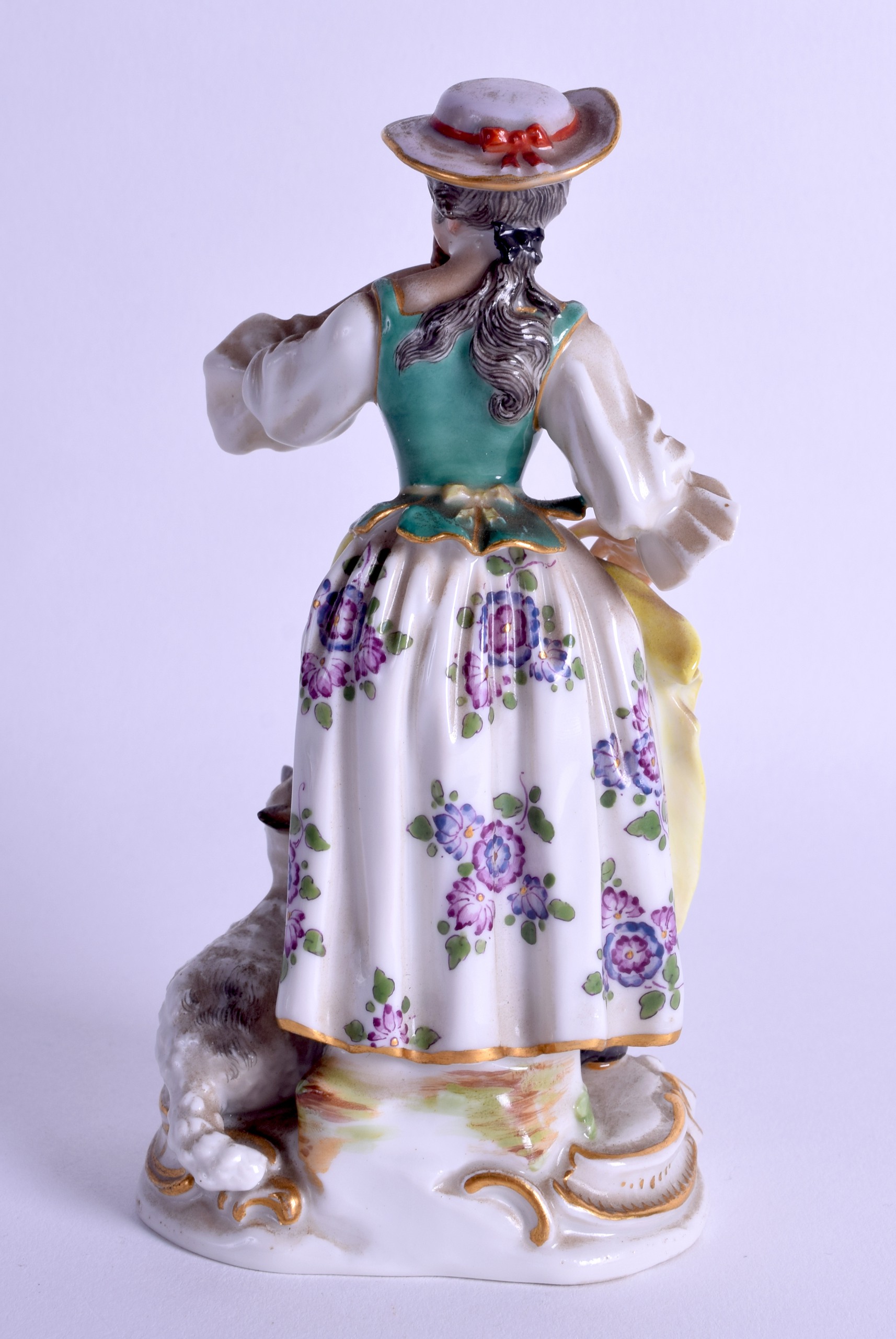 20th c. Meissen figure of a girl playing a flute and standing beside a lamb, blue crossed swords - Image 2 of 3