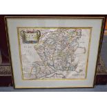 AN 18TH/19TH CENTURY FRAMED MAP OF HAMPSHIRE, hand coloured. 27 cm x 41 cm.