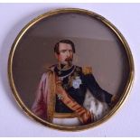 A 19TH CENTURY FRENCH REVERSE PAINTED CIRCULAR MINIATURE modelled in full regalia. 8 cm diameter.