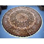 AN EXTREMELY FINE PURE SILK SIGNED PERSIAN QUM VERSACE DESIGN GOLD AND BLACK CIRCULAR RUG, approx