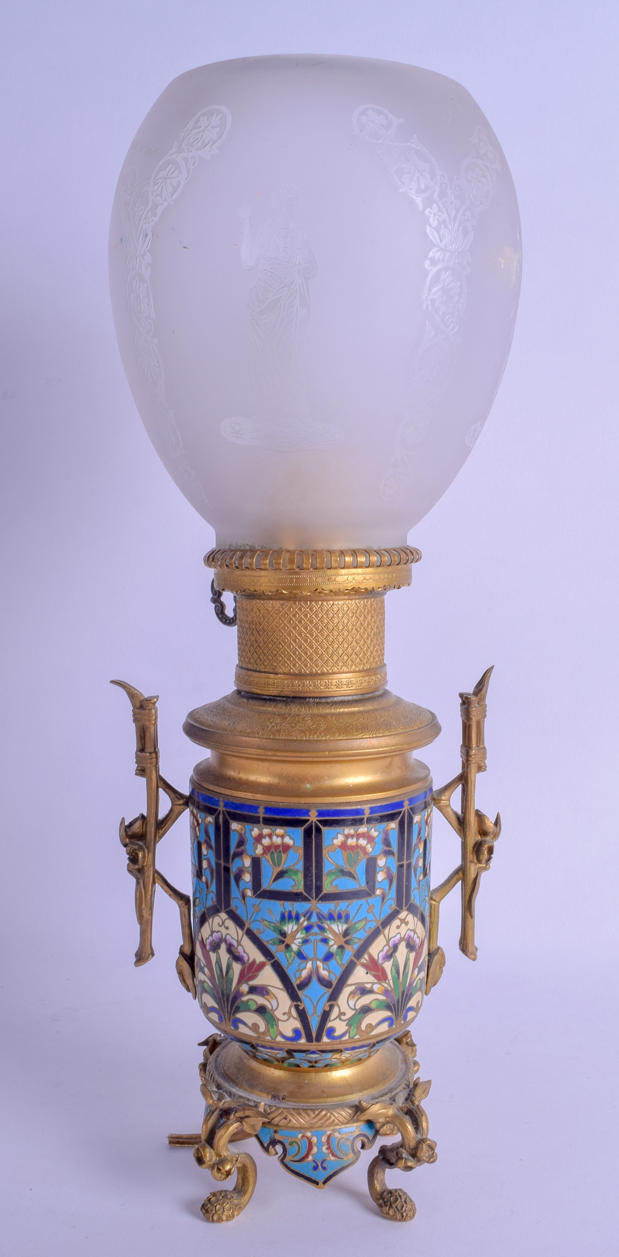 A LATE 19TH CENTURY FRENCH AESTHETIC MOVEMENT CHAMPLEVE ENAMEL LAMP in the manner of Barbedienne, - Bild 2 aus 7