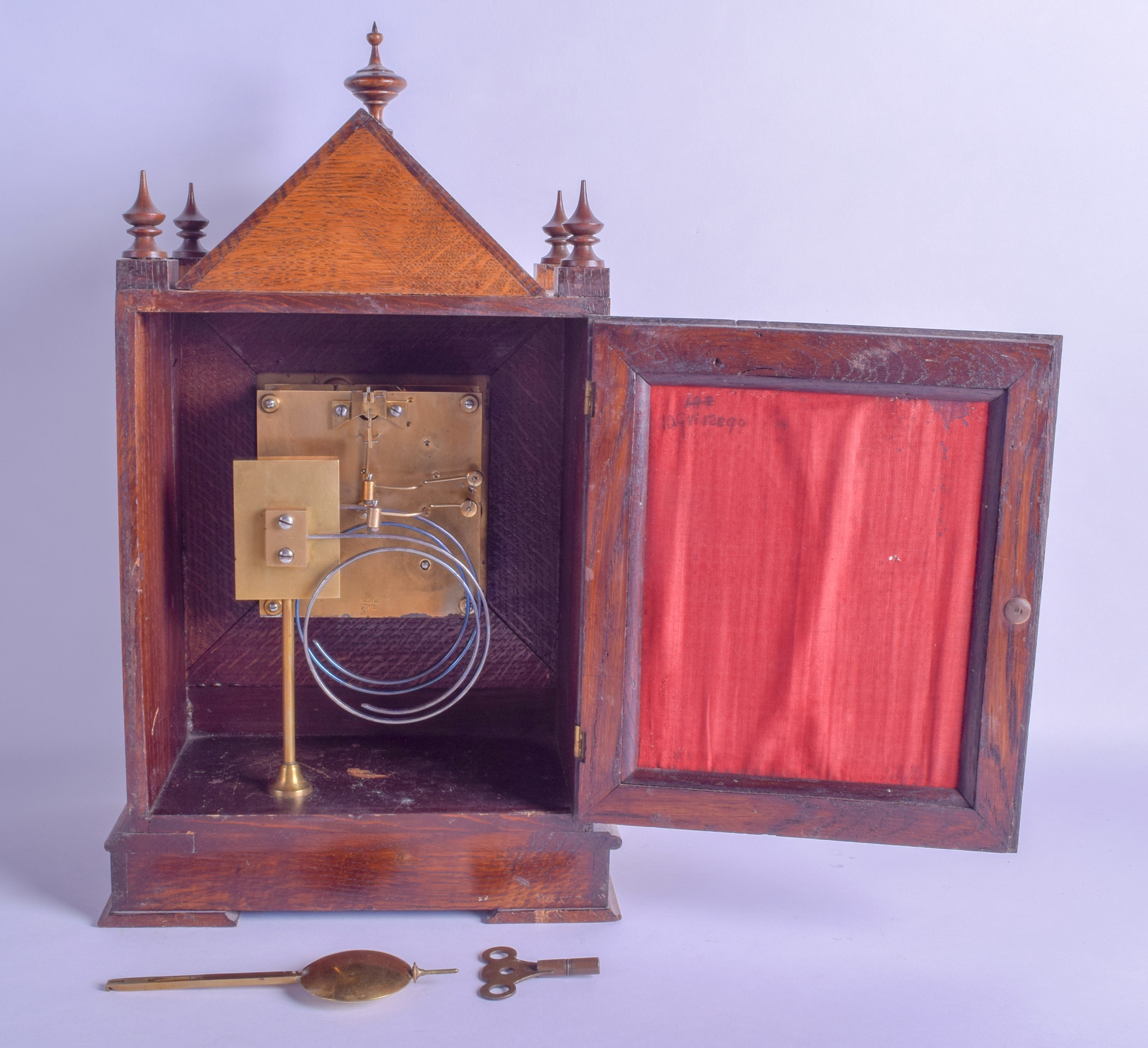 A LATE 19TH CENTURY GOTHIC REVIVAL CARVED OAK MANTEL CLOCK of architectural form, with brass mounted - Bild 2 aus 2