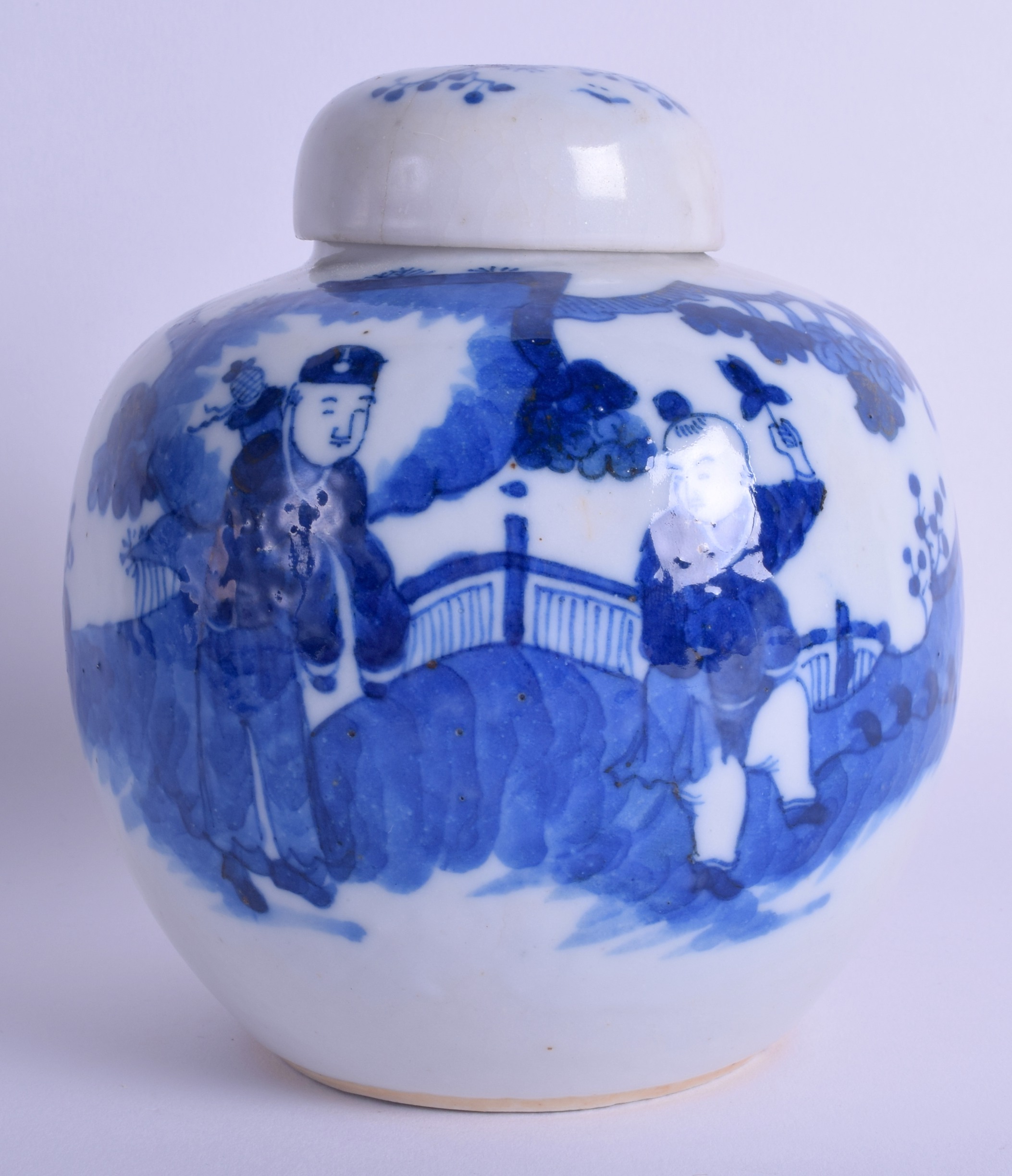 A 19TH CENTURY CHINESE BLUE AND WHITE PORCELAIN GINGER JAR AND COVER bearing Kangxi marks to base,