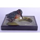 A LATE 19TH CENTURY VIENNA COLD PAINTED BRONZE AND ONYX INKWELL modelled with a seated kingfisher