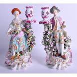 18th c. Derby pair of candlestick figures of a gallant and companion standing on pierced scroll