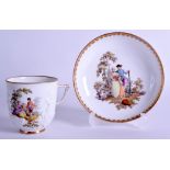 18th c. Meissen cup and saucer moulded with prunus sprigs and painted with Watteauesque scenes of