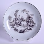 18th c. Worcester rare saucer dish printed by Robert Hancock with L~ Amour signed RH Worcester