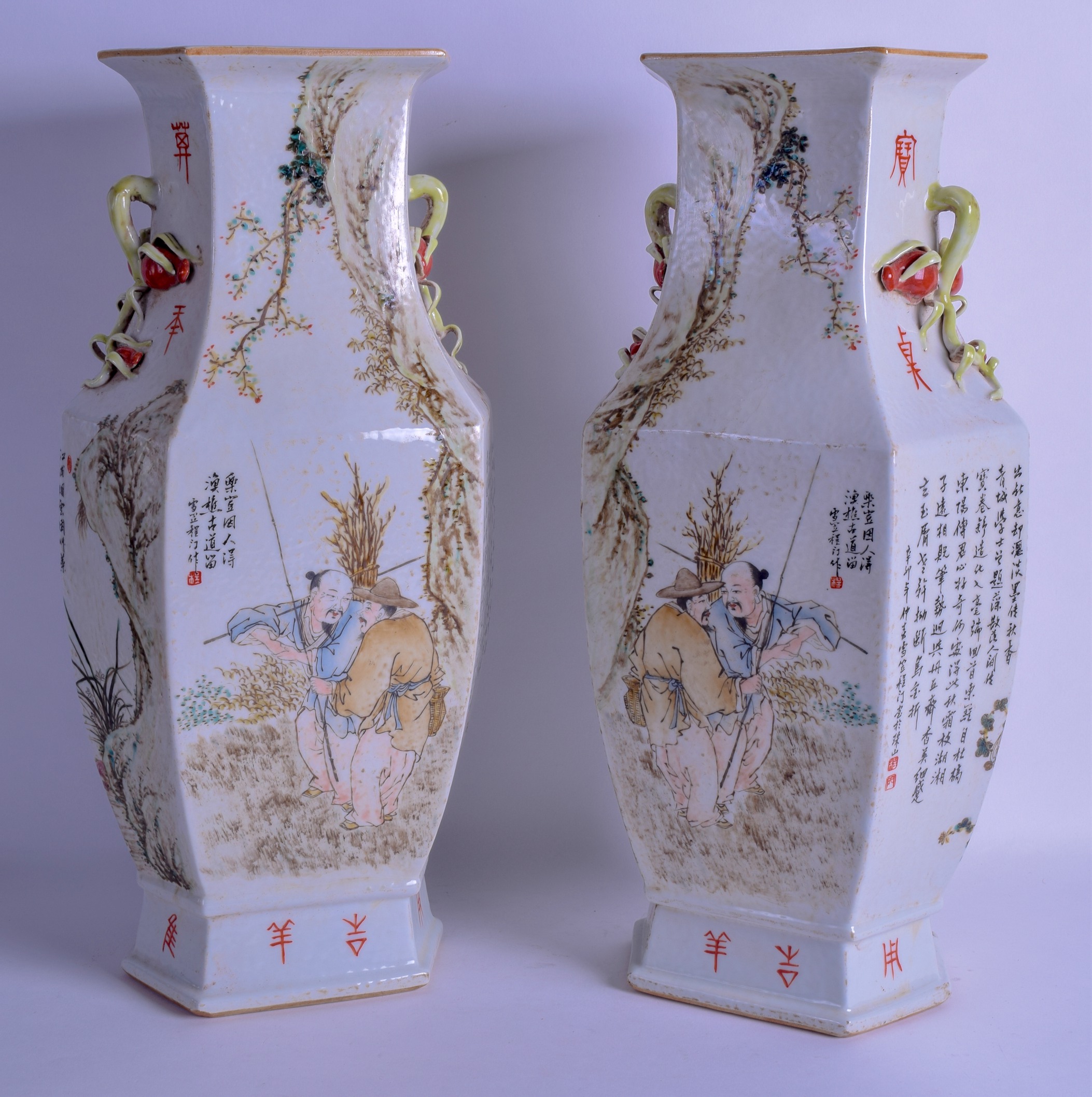 A LARGE PAIR OF CHINESE FAMILLE ROSE TWIN HANDLED FALANGCAI PORCELAIN VASES probably Republican