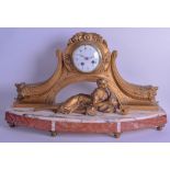 A LARGE FRENCH ART DECO SPELTER MANTEL CLOCK upon a multi toned marble base, modelled as a reclining