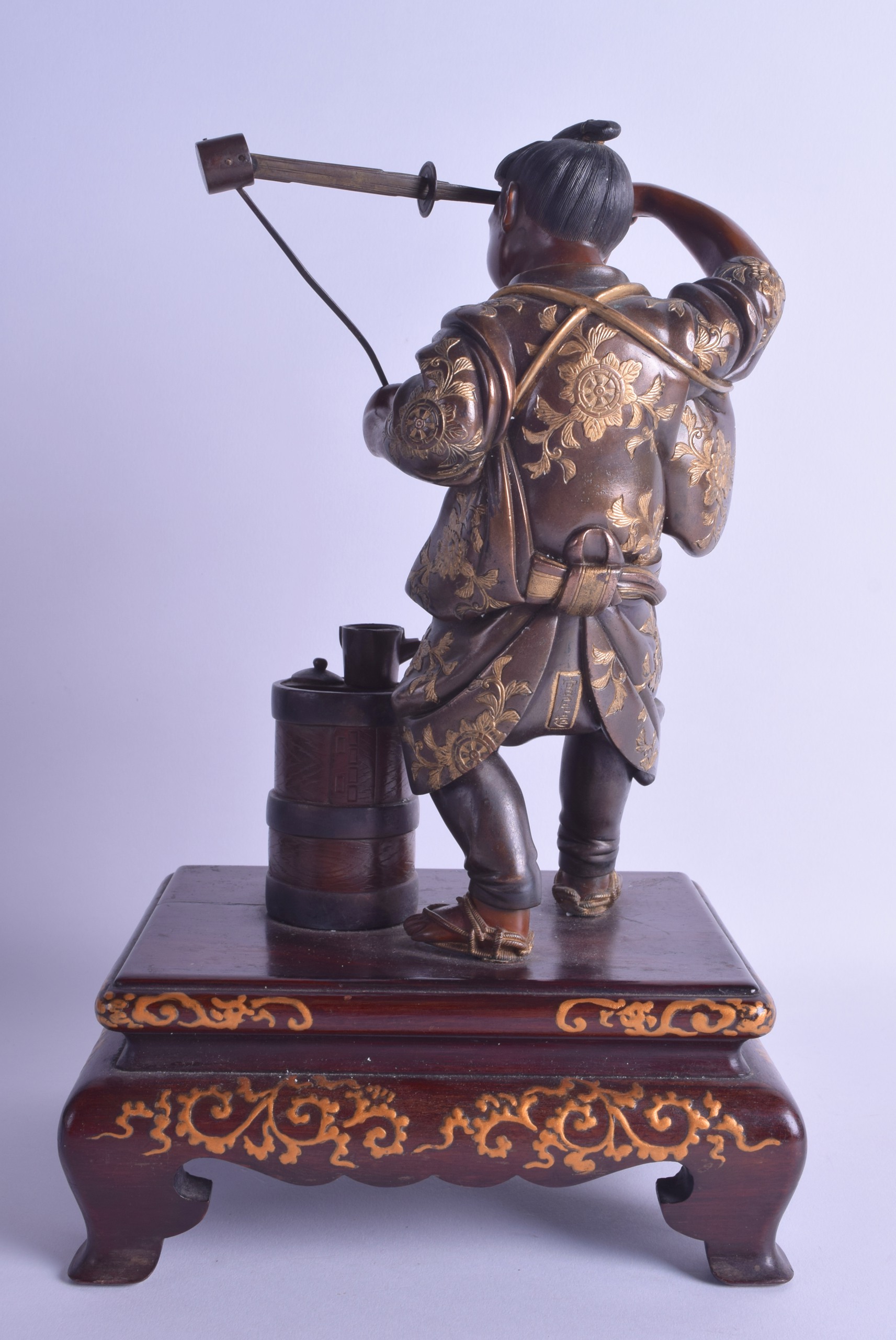 A GOOD 19TH CENTURY JAPANESE MEIJI PERIOD BRONZE OKIMONO by Miyao, modelled as a male wearing gilt - Image 2 of 4