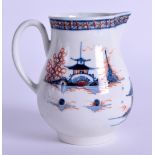 18th c. Liverpool sparrow beak jug painted in underglaze blue and overglaze red in the Cannonball