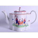 New Hall rare early commode shaped teapot and cover painted with oriental figures pattern 157