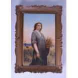 A GOOD 19TH CENTURY VIENNA FRAMED PORCELAIN PLAQUE painted with Ruth standing within the corn field.