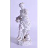 18th c. Meissen biscuit figure of woman in a flowing robe holding flowers in a basket standing on