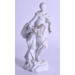 18th c. Meissen biscuit figure of woman in a flowing robe holding corn and a scythe standing on a