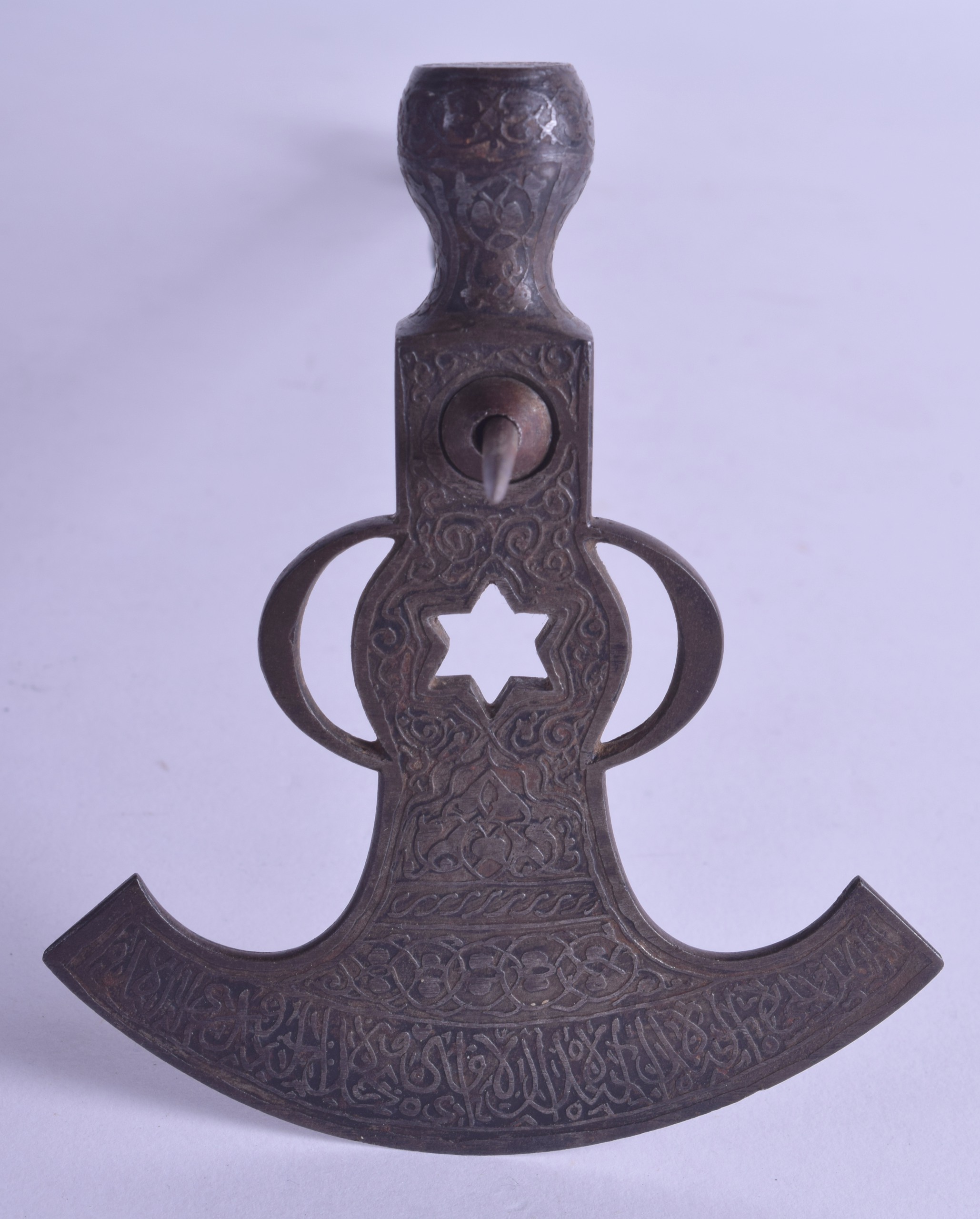 A GOOD 18TH/19TH CENTURY ISLAMIC QAJAR STEEL SUGAR AXE engraved with kufic script and extensive - Image 3 of 4
